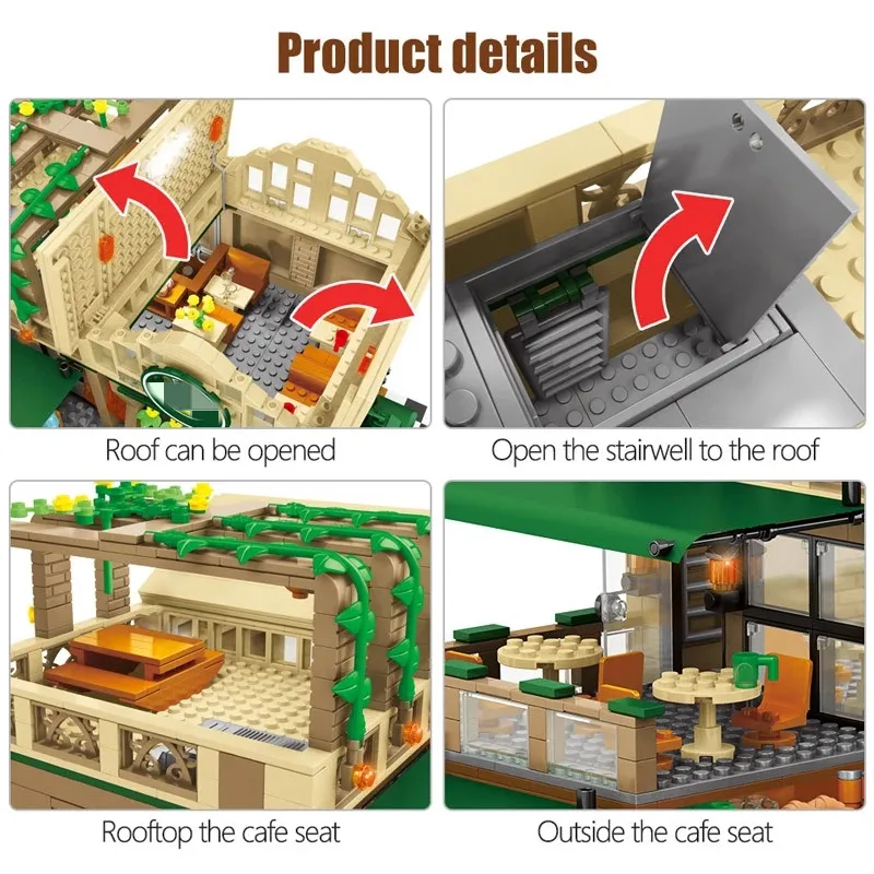 

2059Pcs LED Creative Cafe Coffee Shop Model Building Blocks City Street View Casual House Figures Bricks Toys for Children