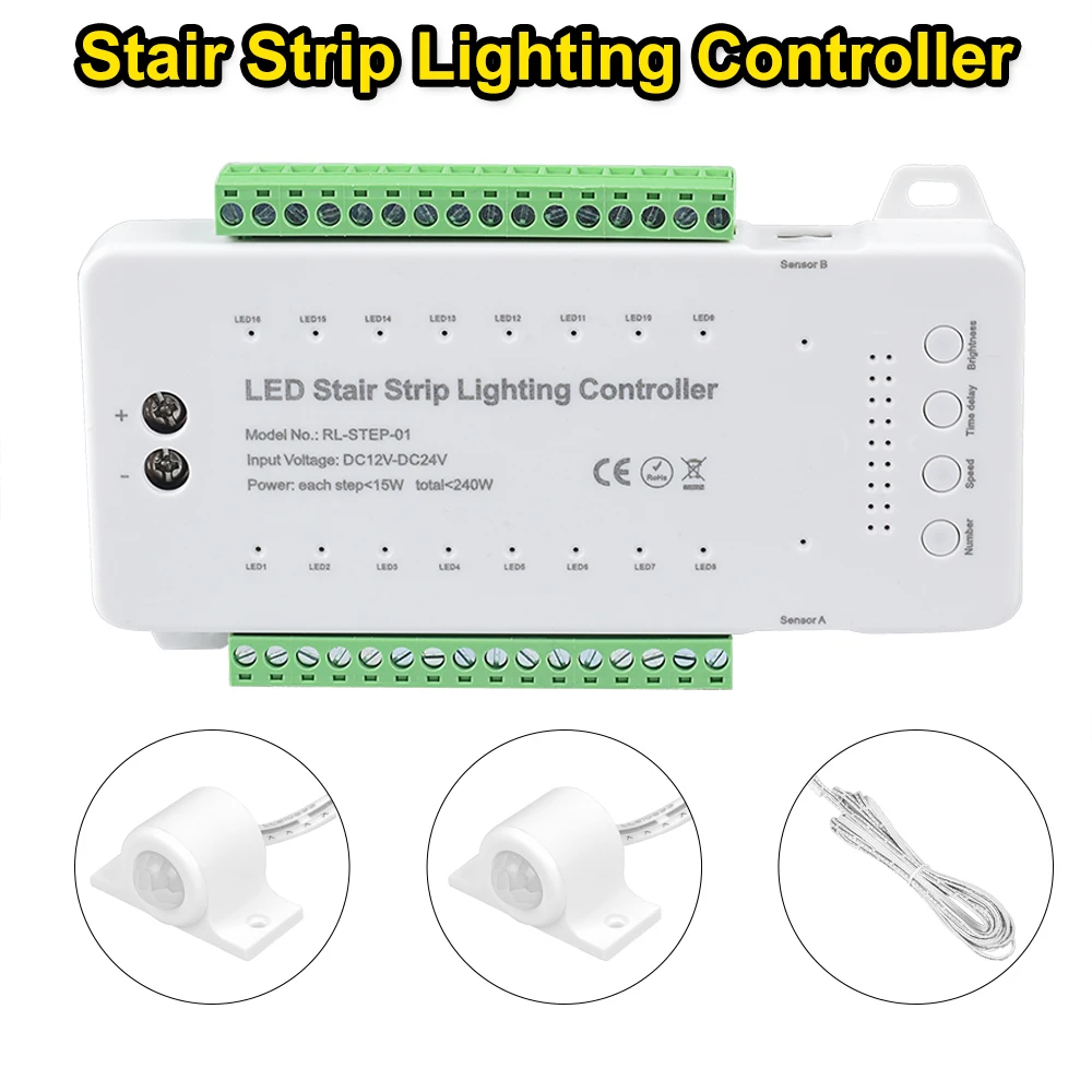 LED Stair Strip Lighting Controller Smart PIR Motion Sensor Dimmer For Stairs Home Use DC12V 24V 16Channels