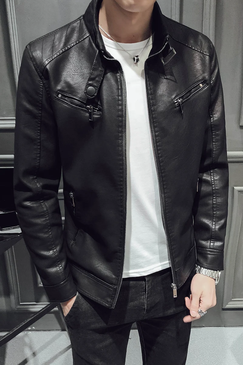 

2020 autumn new fashion youth business versatile jacket trend men's Thin Long leather jaket Chinese Style Black