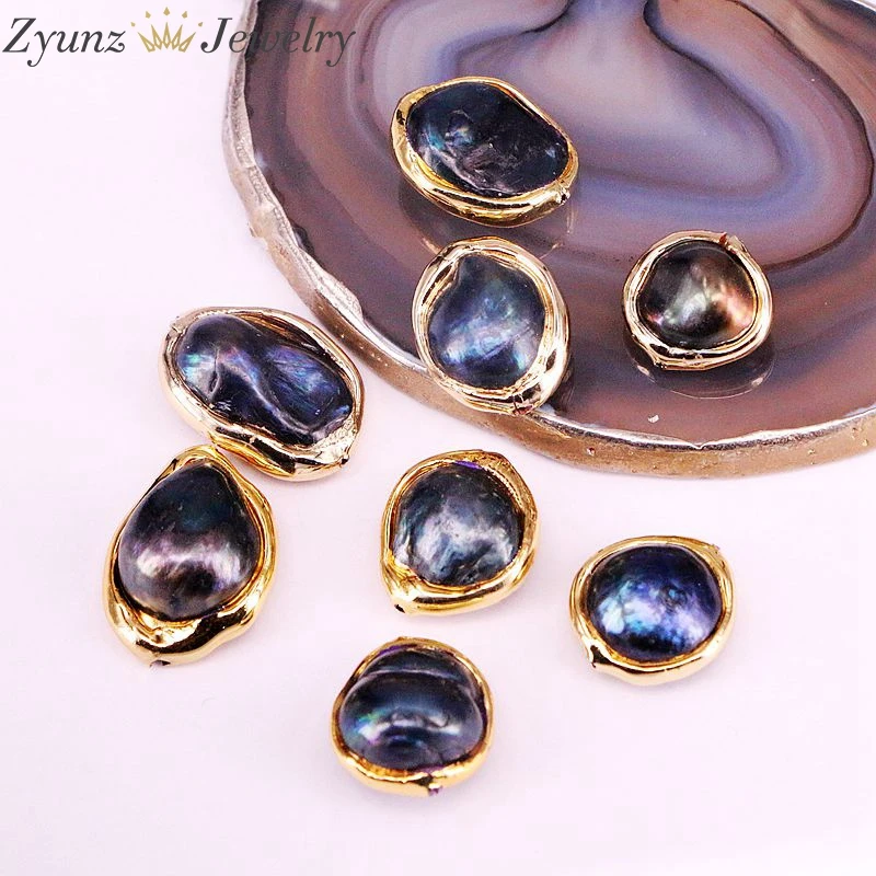

10PCS, Natural Pearl Connector Black Freshwater Pearl Charm w/ Gold color Edged For Necklace Earring Bracelet Jewelry Making