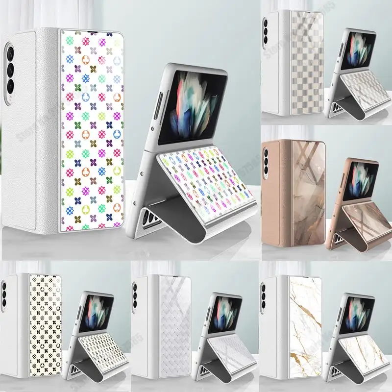 

Flip Leather Stand Holder Phone Case For Samsung Z Fold 3 Cases Painted Tempered Glass Shockproof Cover For Samsung Z Fold 3 5G