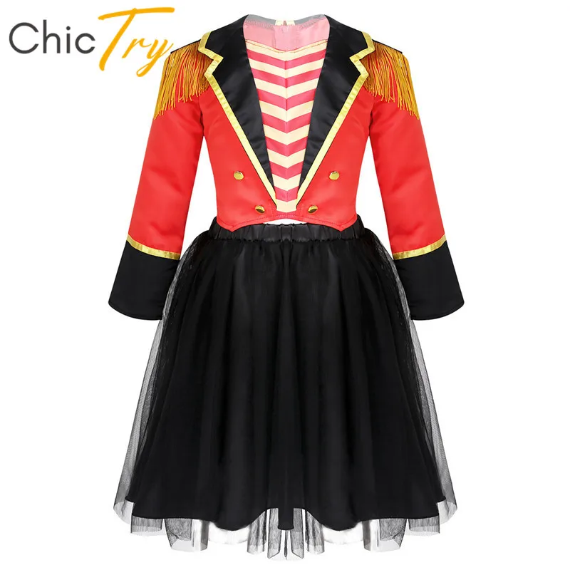 

ChicTry Kids Long Sleeves Tassel Epaulette Jacket with Mesh Tutu Skirt Girls Halloween Carnival Outfit Circus Ringmaster Costume