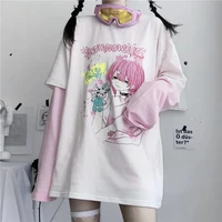 autumn fake two piece long sleeved t shirt female ins japanese college style cartoon girl print loose student bottoming shirt