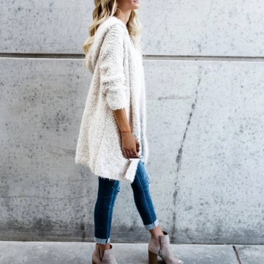 Осенне-зимнее пальто женский свободный однотонный кардиган с капюшоном вязаная