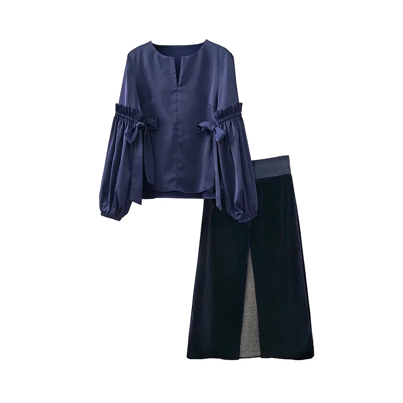 

2020 Spring Fashion Lantern Sleeve Bow Loose O Neck Top Velvet Bright Silk Patchwork Skirt Casual Suit Women Two Piece Outfits