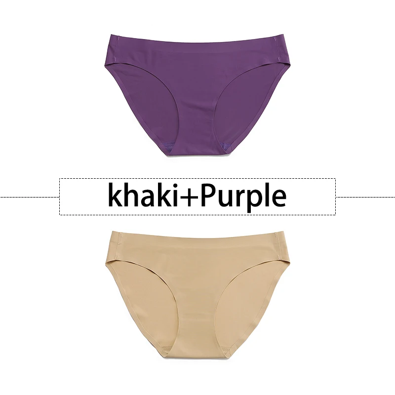 Khaki-Purple 2 шт./партия, открытый Шелковый бесшовный трусики для женщин, нижнее белье сексуальные плавки, цельное нижнее белье с открытой спиной и низкой посадкой, женское XS-L, большие размеры США - Цвет: Khaki-Purple