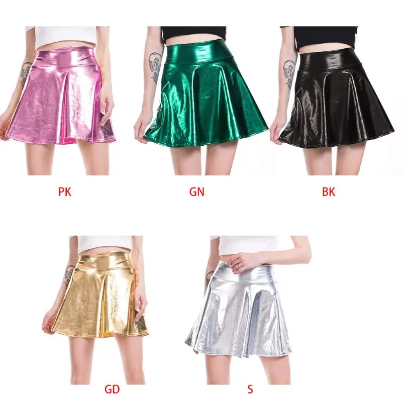 

Womens High Waist Metallic Wet Liquid Faux Leather Look Pleated Flared Skater Mini Skirt Solid Color Glitter A-Line BX0A
