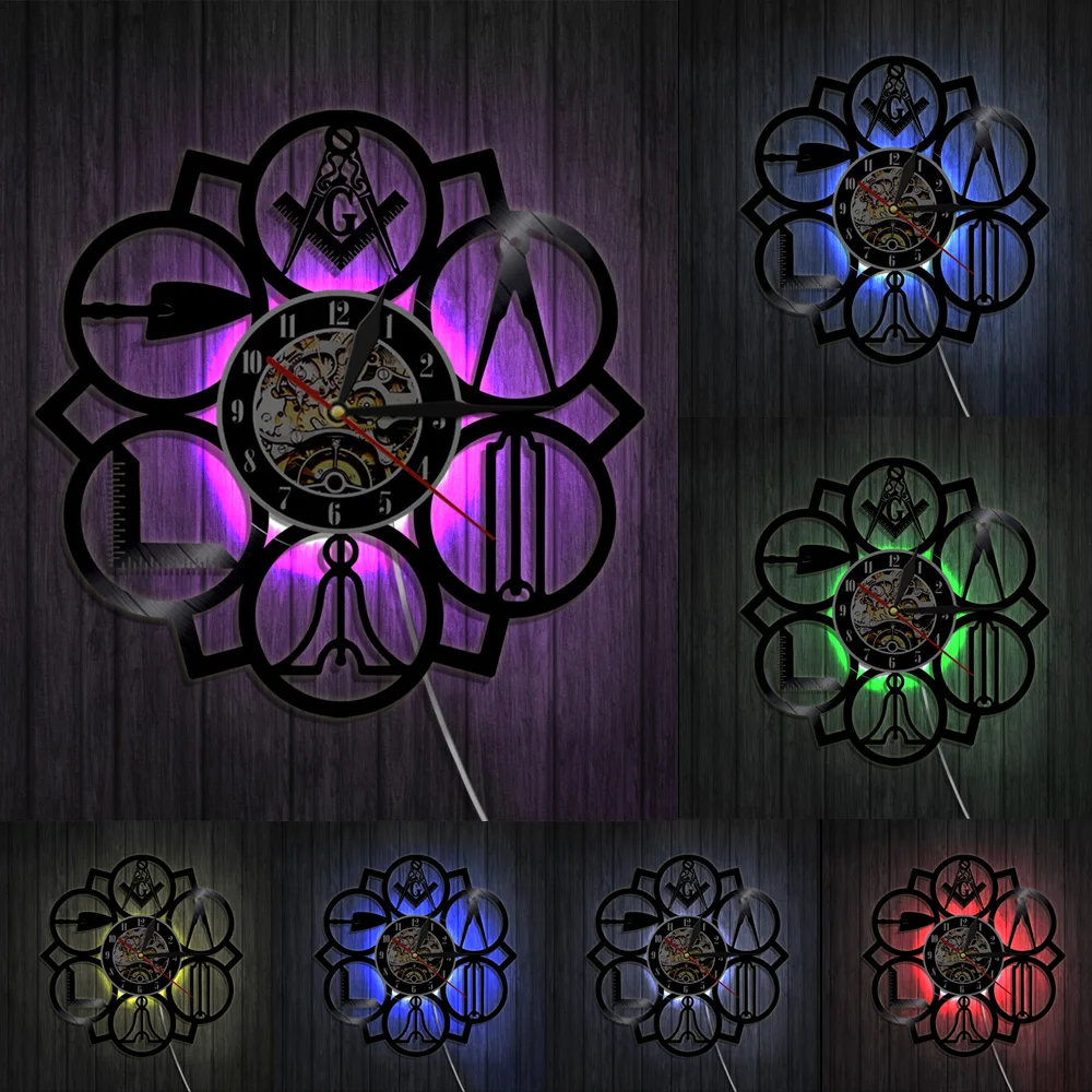 With LED Настенные часы с масонскими логотипами, винтажные часы с виниловой пластинкой, орнаментом, современные настенные часы, декоративные часы, подарок - Цвет: With LED