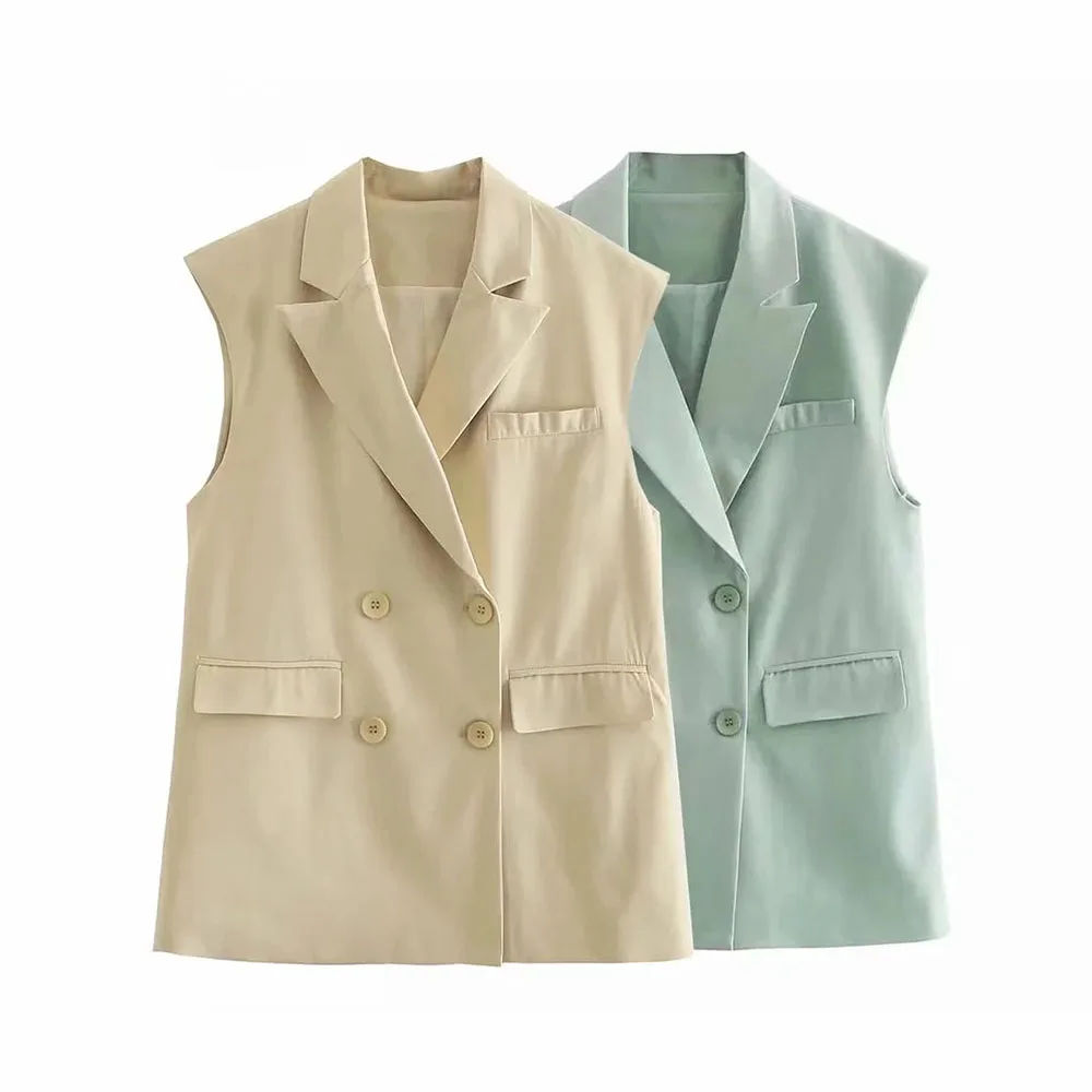 

Жилет женский, однотонный, двубортный, с отложным воротником