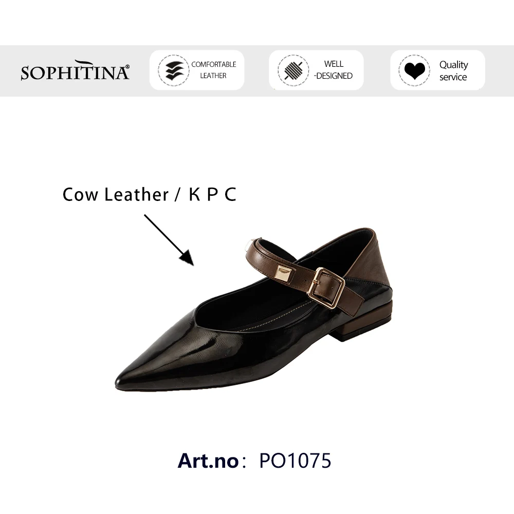 

SOPHITINA Flat Woman Genuien Leather Pointed Toe V-shape Shallow Buckle Strap Low Square Heel Office Lady Shoes PO1075