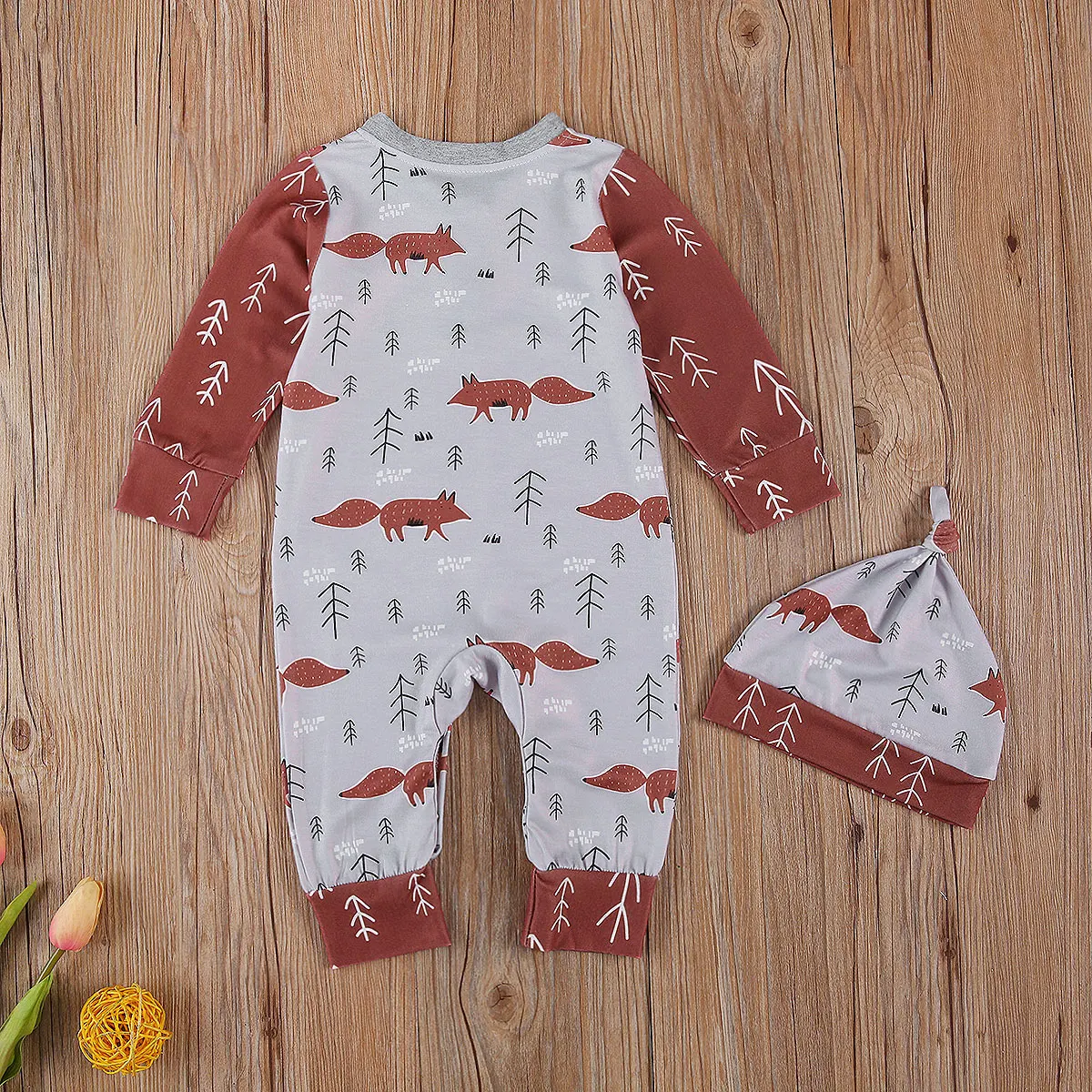 

2020 New Fall Autumn 0-24M Infant Baby Boys Girls 2Pcs Set Cute Fox Print Button Decorate Long Sleeve Romper+Hat Toddler Outfit