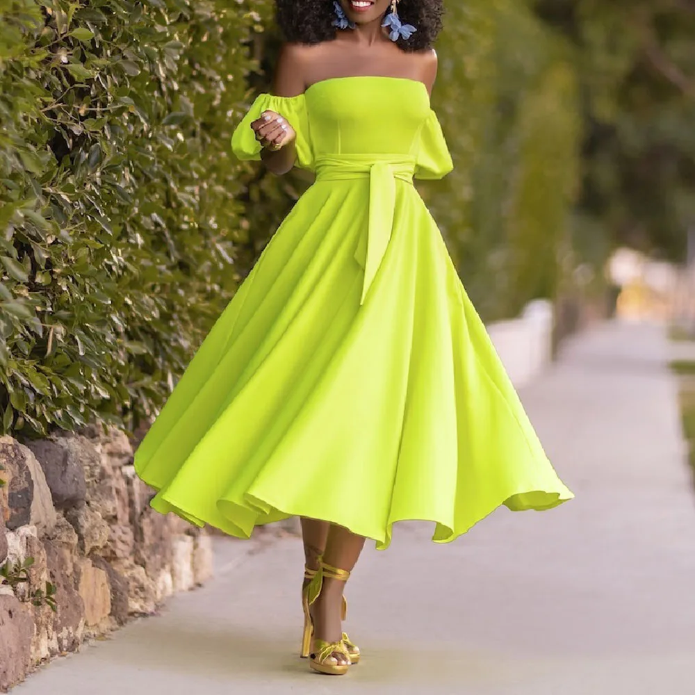 

2021 African Women's New Solid Color One Shoulder High Waist Summer Dress Long Fashion Sexy Casual Short Sleeve