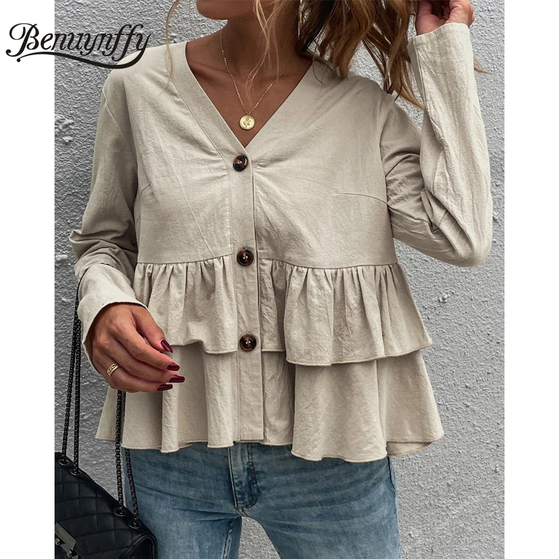 

Benuynffy V-neck Solid Button Women Shirts Casual Layered Ruffle Blouse Women 2021 Autumn Long Sleeve Fashion Tops Streetwear
