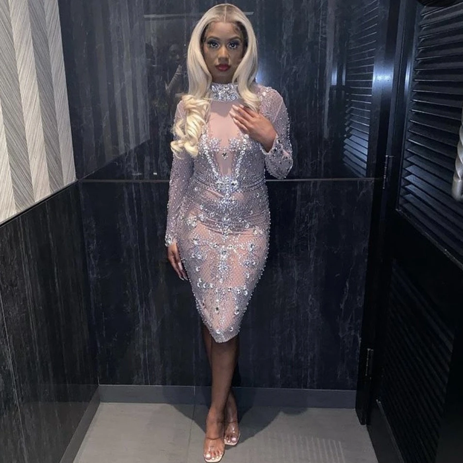 

Блестящее Сетчатое платье с серебряными кристаллами для женщин, вечернее платье на день рождения, платье для выпускного вечера, сексуально...