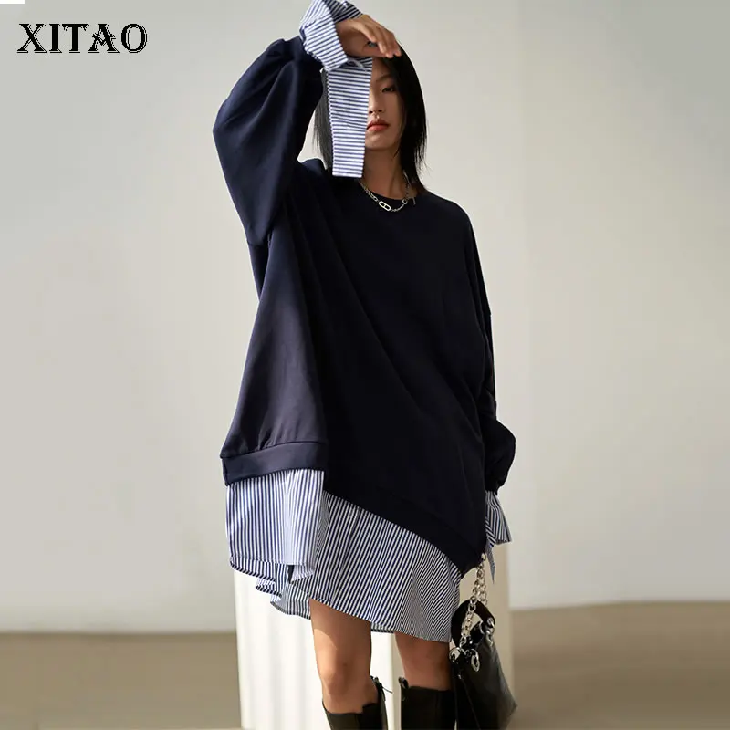 

XITAO New Women Sweatshirt Casual Fashion Splicing False Two Pieces Pullover Top 2021 New Sprint Autumn All-match WMD3817
