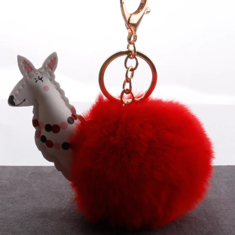 

1pc PU Alpaca Lamb with Fake Fur Ball Pompom Keychain Keyring Model Toys Gifts Accessories for Cars Bags Clothes DIY