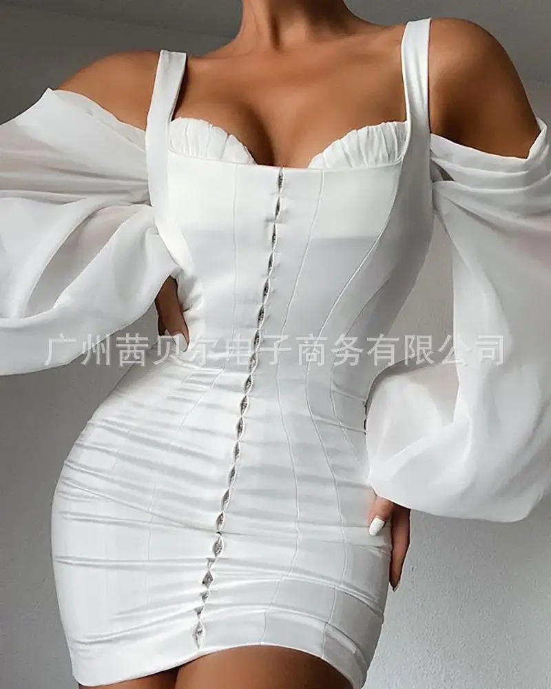 

WEPBEL Women Mini Dress Short Sleeve White off-Shoulder Dress High Waist Sexy Fashion Casual