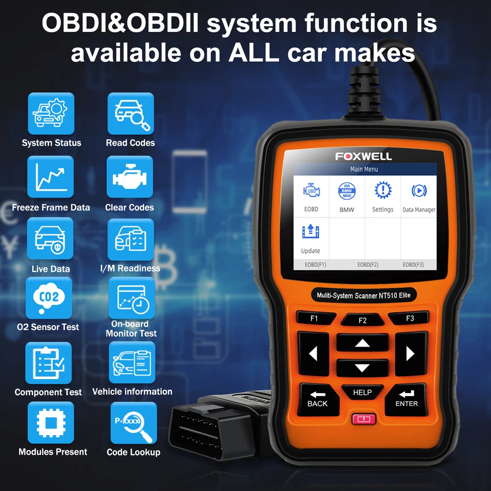FOXWELL NT510 Elite полная система OBD2 автомобильный диагностический инструмент ABS подушка безопасности SRS EPB сброс масла DPF BMS ODB2 OBD 2 Автомобильный сканер