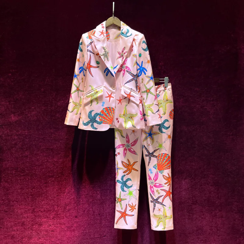 

European and American women's autumn 2021 new Long sleeve nail zhuhai star shell print coat trousers fashion The pink suit