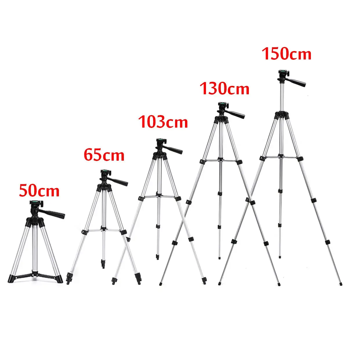 

50/65/103/130/150cm Tripod Extendable Adjustable Aluminium Tripods Stand Mount Holder Clip for Live for Youtube Camera Phone