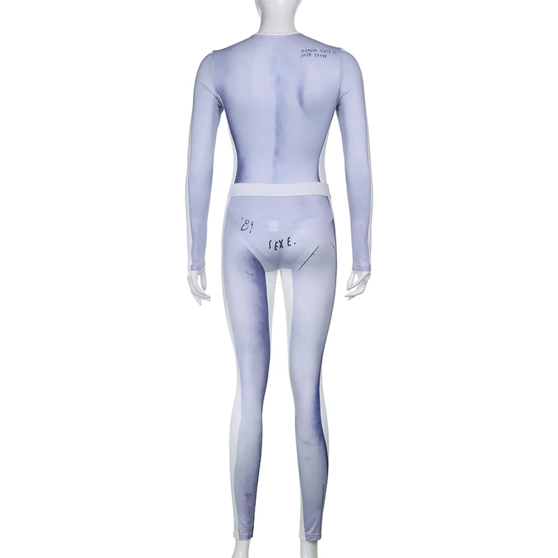 

CIBBAR Casual Pattern Print Two Piece Sets Women O Neck Bodysuit And Long Pants Matching Tracksuit Female Bodycon Trouser Suits