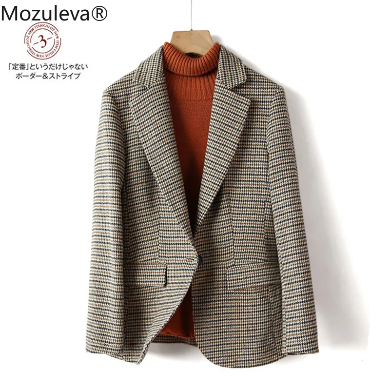 

Mozuleva High Quality Houndstooth Woolen Blazer Suit Women Autumn Winter Japanese Loose Long Wool Coat Hand-Stitched Outwear