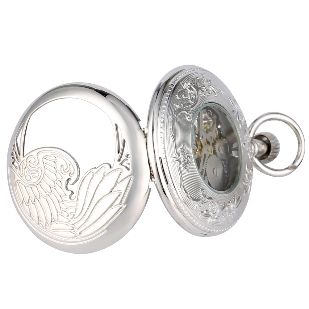 Bronze Silver Phoenix Mechanical Hand Wind Pocket Watch Half Hunter Hollow Skeleton Watch Pendant Fob Chain Clock Hours Gifts