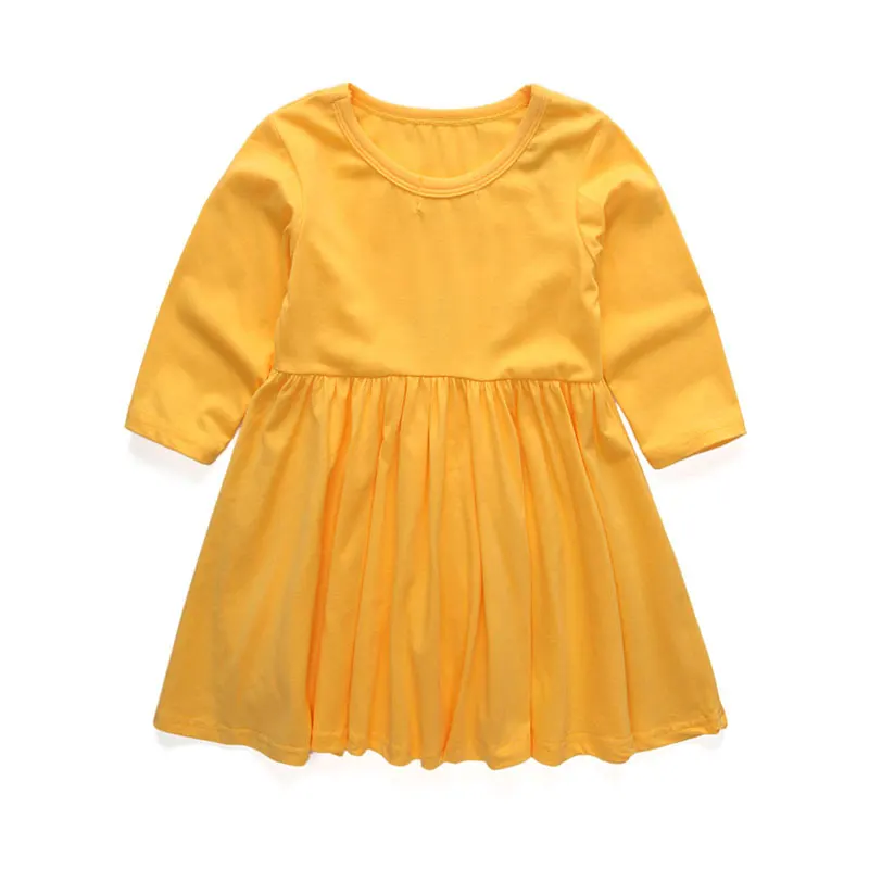 solid yellow Коллекция года, весеннее платье для девочек Одежда для девочек с принтом платье принцессы с длинными рукавами для девочек, Детский костюм, платье верхняя одежда для детей возрастом от 2 до 8 лет - Цвет: solid yellow