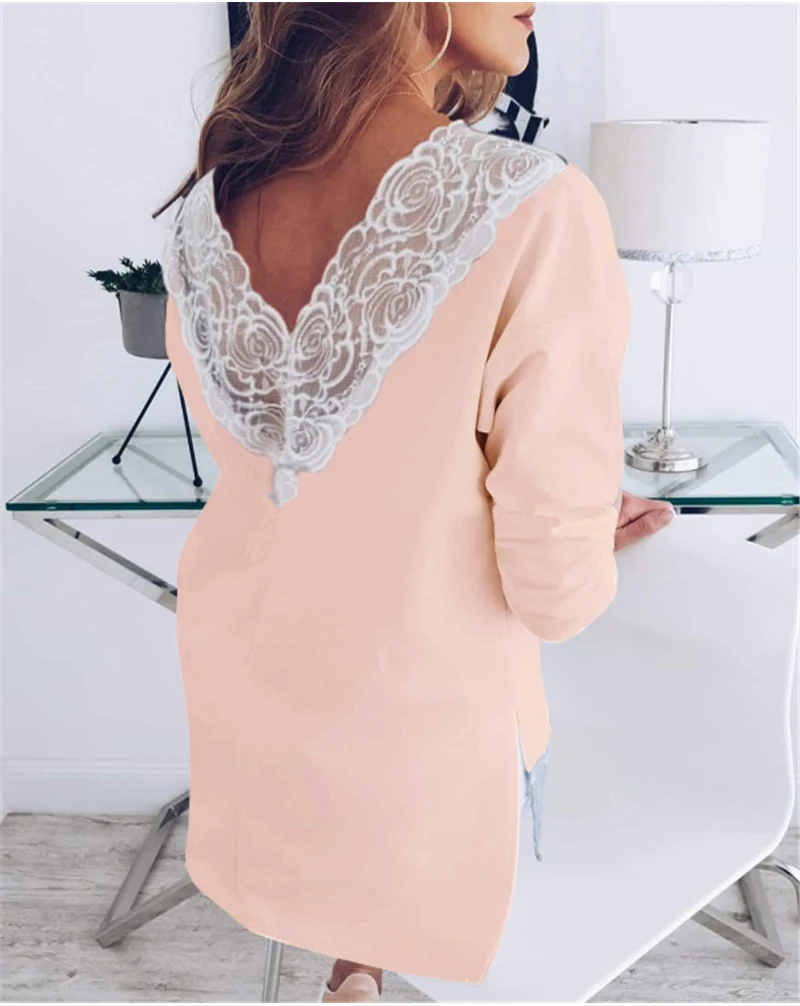 Женская футболка с длинным рукавом свободный кружевной топ женская модная Милая