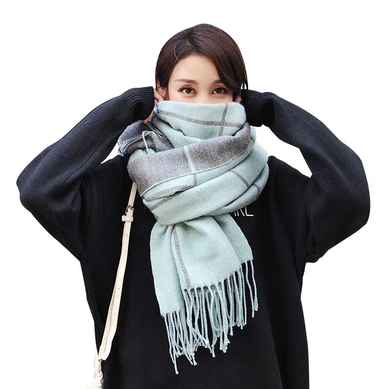 

220*70 Big Size Gray Plaid Scarf for Women Winter Shawl Female Pashmina Ladies Tippet Scarf Warp Women Winter Blanket Scarves
