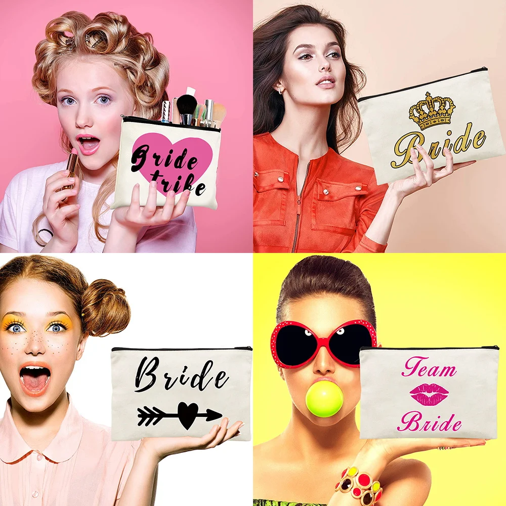 

Bridesmaid Makeup Bag Cute Bridal Printed Canvas High Capacity Storage Bag Cosmetic Bags for Bride Bridesmaid Proposal Gift