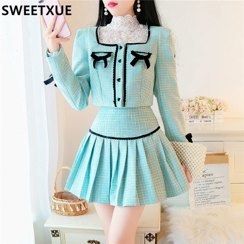 Женский твидовый костюм-двойка SWEETXUE со складками с квадратным вырезом и бантом