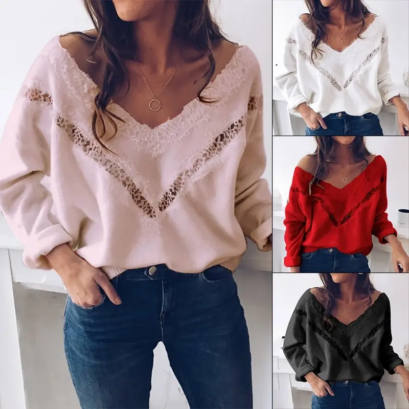

Autumn Winter Women Warm Sweater 2020 New V Collar Hollow Out Knitted Lantern Sleeve Solid Color Female Sexy Pullovers Sweater
