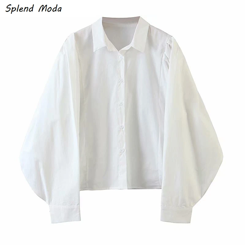 

Splend Moda 2021 Summer New Vintage Fashion All-Match Lapel Puff Sleeve Loose Solid Color Women Shirt Top Trendy White Fashion