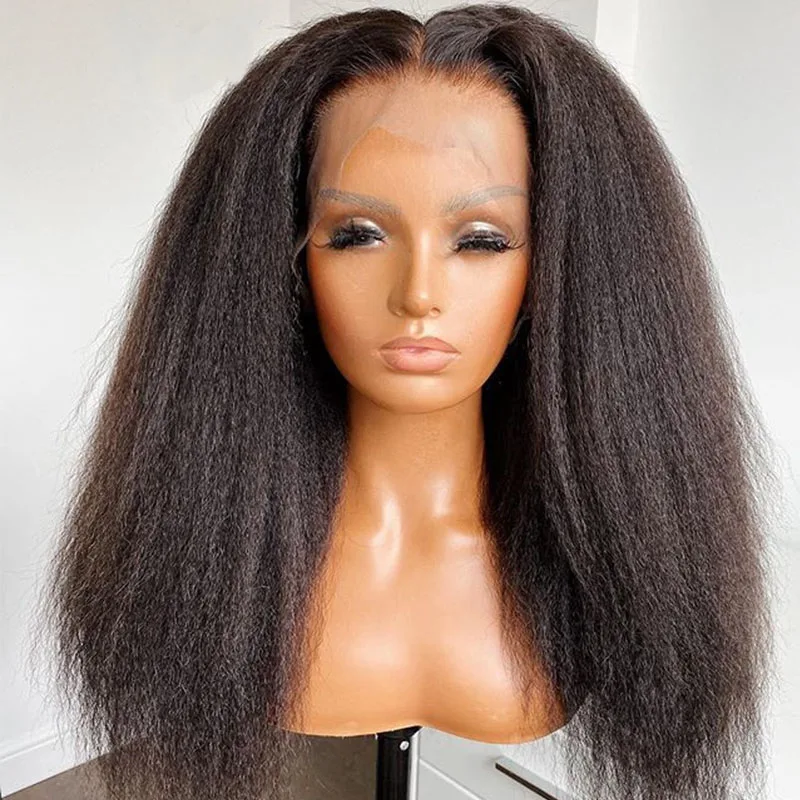 

Kinky Straight 26Inch Long Synthetic Yaki Lace Front Wig For Black Women With Babyhair PrePlucked 180%Density Cheap wig Glueless