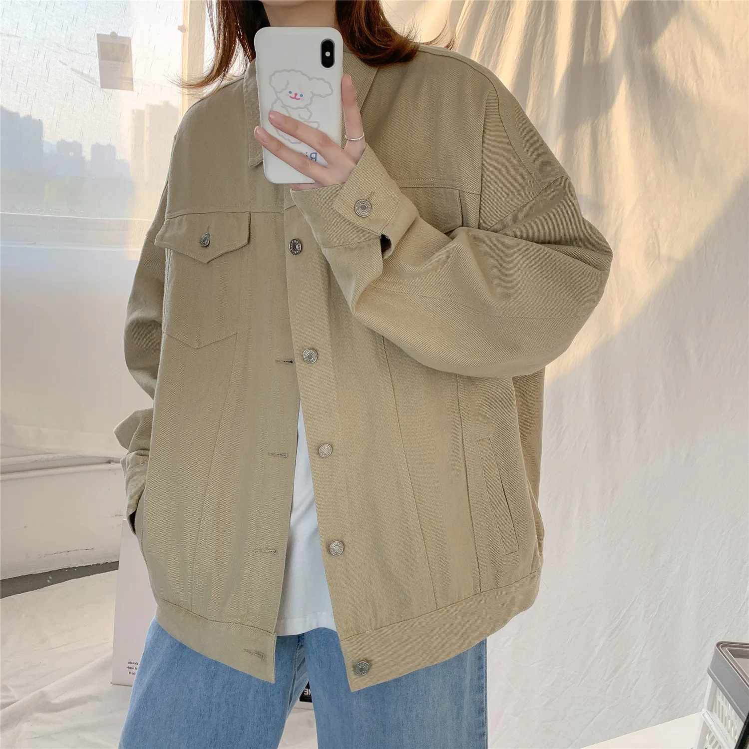 

LEGIBLE Casual Oversize Jacket Women Pocket Loose Turn-down Collar Blue Casual Coat Women