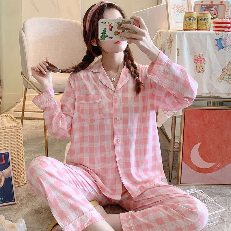 

Новый стиль 2020, кардиган, Поплиновая Пижама, женская тонкая Домашняя одежда на весну и осень, простой клетчатый костюм в японском стиле