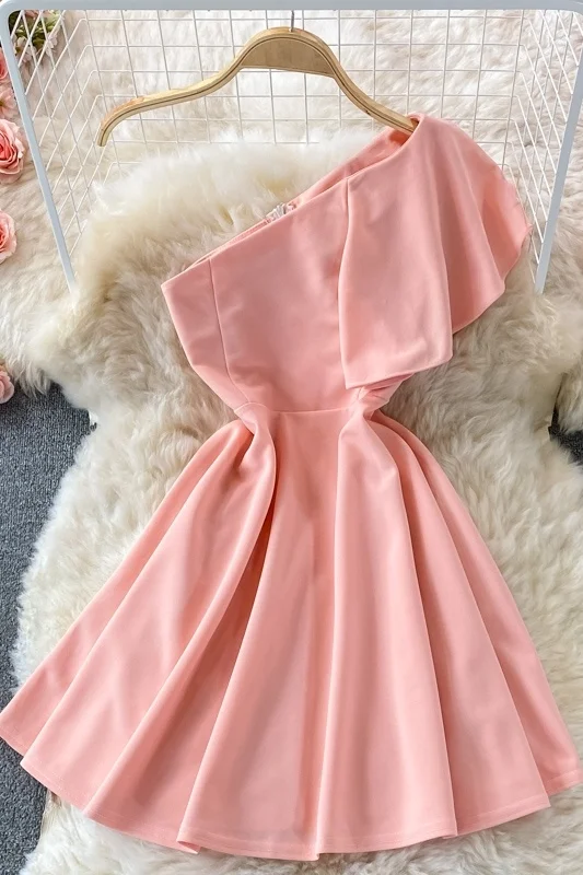 

Summer sexy slant shoulder A-line dress fashion off shoulder high waist cover belly show thin short dress French solid color