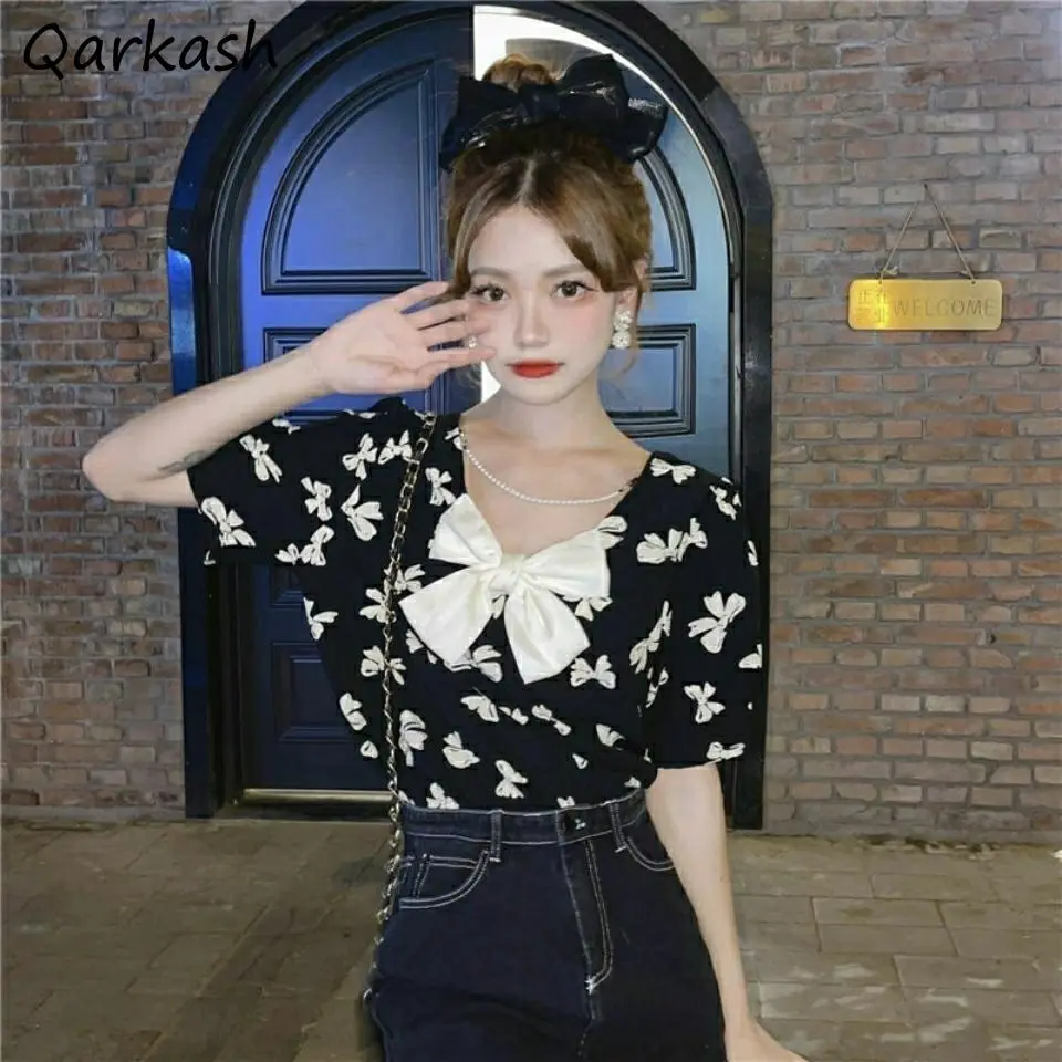 

Blouses Women Summer Bow Print Design Korean Style Kawaii Sweet Mujer College Retro Leisure Fashion Hot Sale Teens Ins Blusas