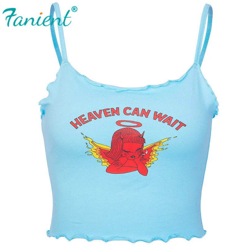 Злой милый женский укороченный топ небеса может ждать печати синие футболки Топы