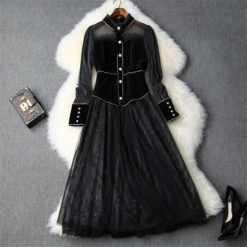 

High Quality Runway Designer Women Dress Autumn Clothes 2019 Fashion Long Sleeve Vintage Velvet Patchwork Tulle Sexy Party Dress