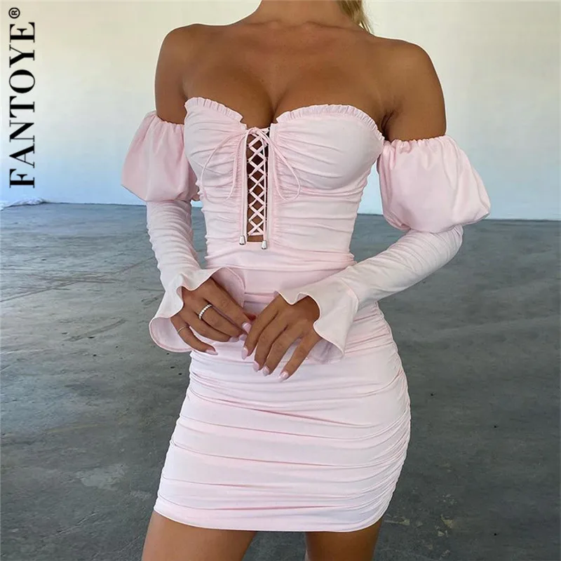 Женское платье с открытыми плечами FANTOYE пышными рукавами на шнуровке рюшами