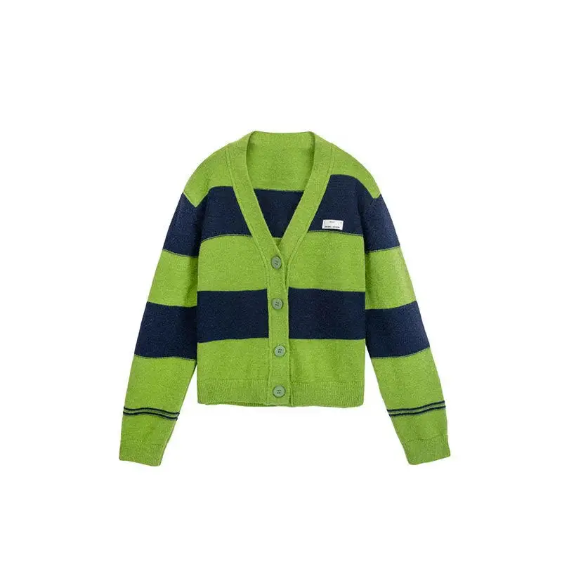 

Полосатый вязаный кардиган с V-образным вырезом, свитер, женская одежда, новая Корейская свободная Студенческая куртка на осень, ленивое пал...