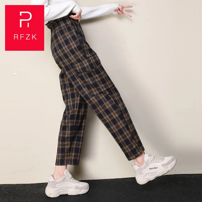 Женские клетчатые брюки Rfzk уличные шаровары для весны и осени повседневные штаны