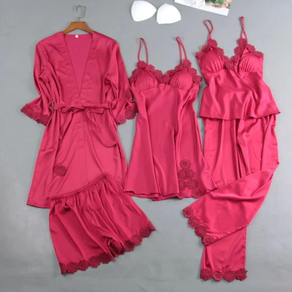 

5pcs Pajamas Suit Women Sleepwear Sexy Silky Satin Pijamas Suit Spring Summer Robe&Nightgown&Pant&strap Top&Shorts Sleep Set