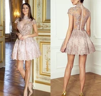 sexy sheer pink cocktail dresses illusion back a line lace appliques vestidos mini prom gowns cap sleeve short homecoming dress