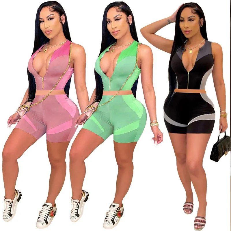 

Two Piece Sets for Women Skinny Fashion Printing Women Tracksuit Zip Sleeveless Crop Top and Biker Shorts Two Piece Matching Set