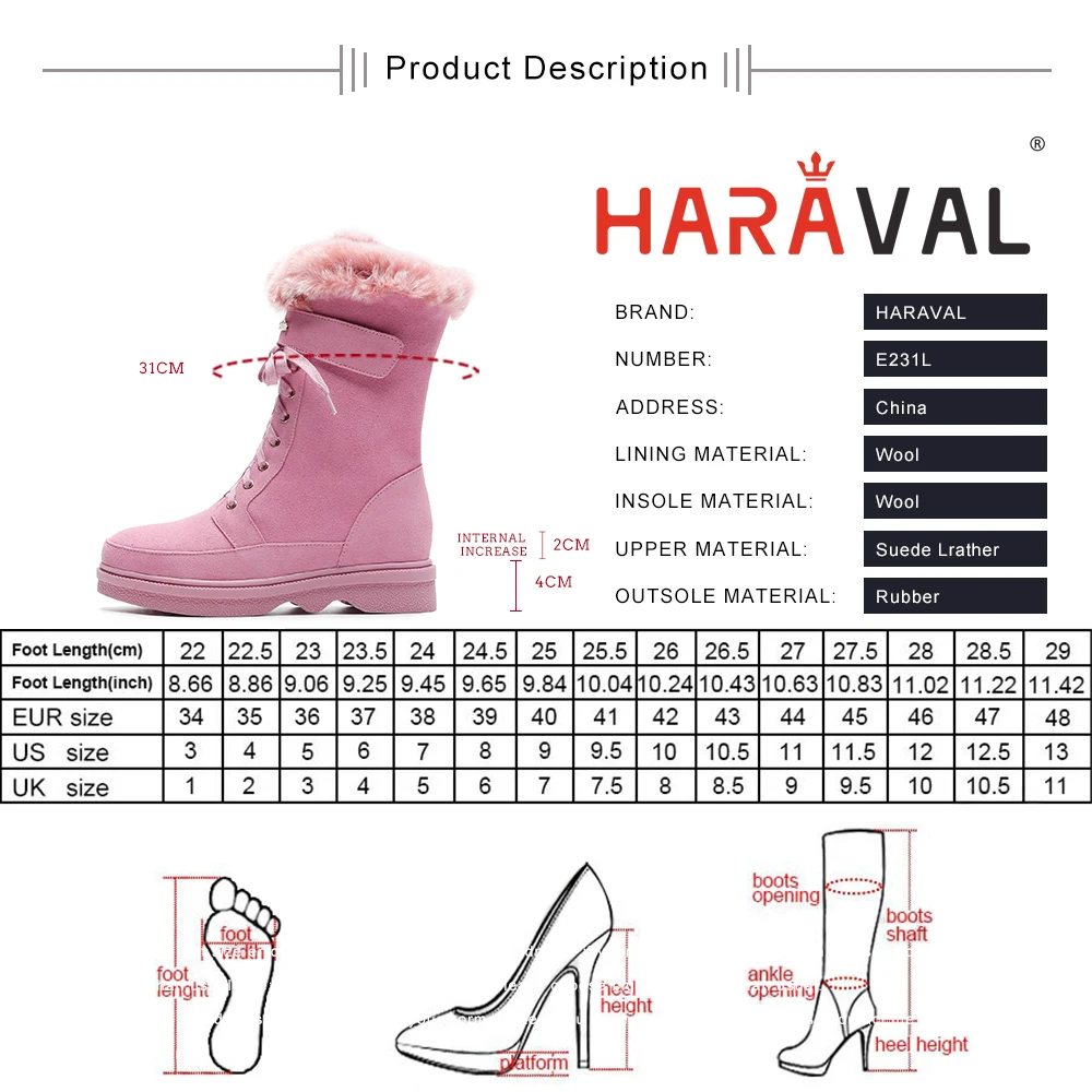 

Mid-Calf Boots Shoes Women Fur Warm Winter Fashion Black Pink Lace up Cow Suede Height Increasing Round Toe Adult Basic E231L