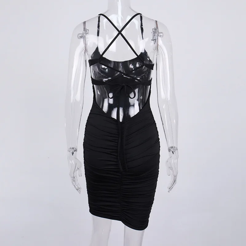 

Sexy Backless Bandage Black Mini Dress Women Summer Spaghetti Strap Sleeveless Ruched Bodycon Dress Female Party Club Dresses