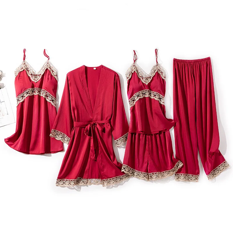 

Women Sleepwear With Lace Sexy Pajamas 5 Piece Faux Silk Pijamas Set Spring Summer New Kimono Bathrobe Gown Nightwear Loungewear